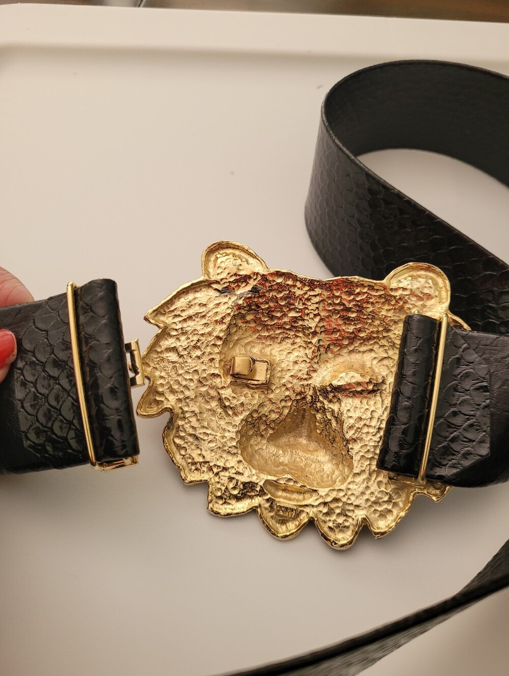 Vtg Mimi Di 1987 Lion Head Belt Buckle Removable belt Black Gold Lux Animal - Picture 12 of 16